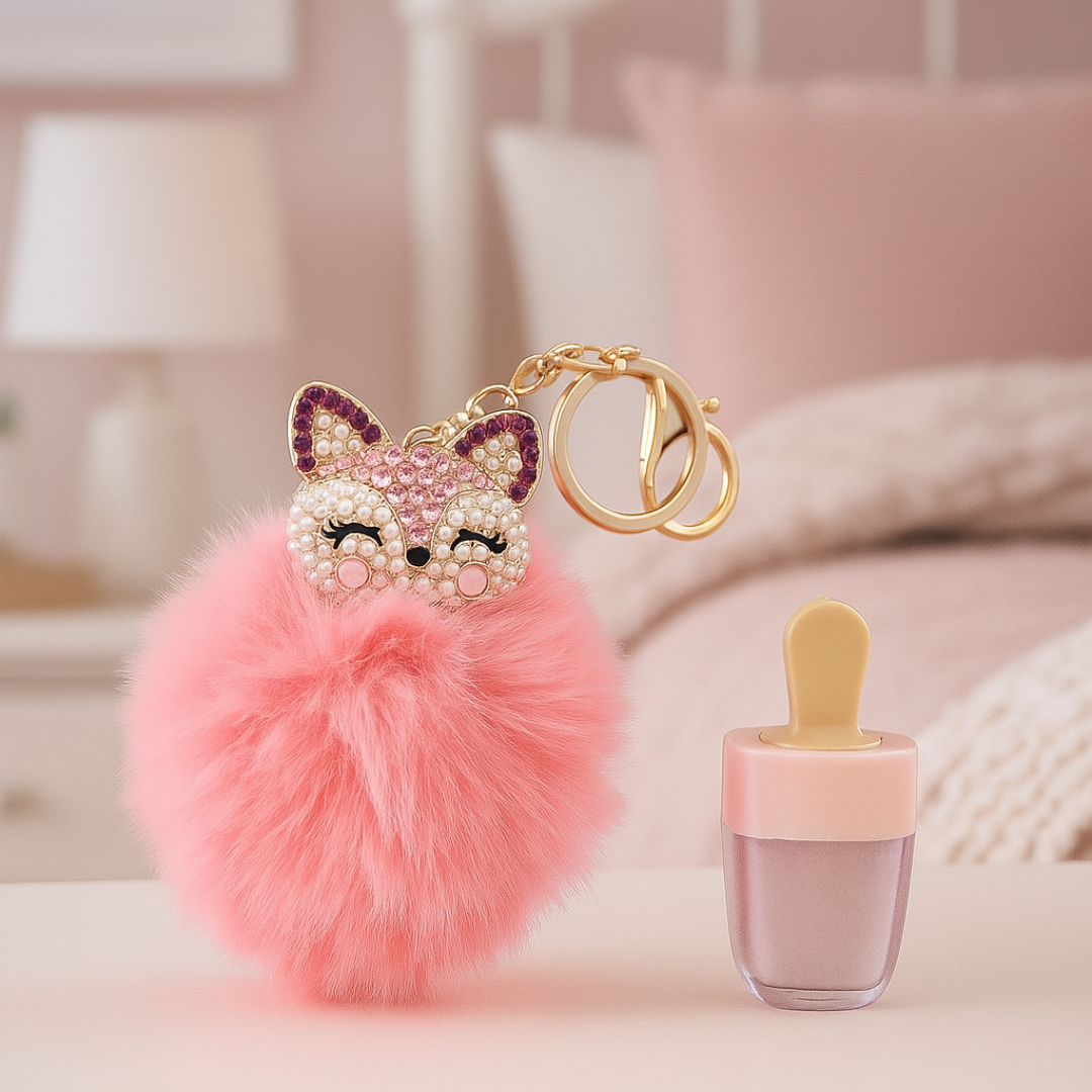 Pretty in Pink Lip Gloss & Fox Keychain