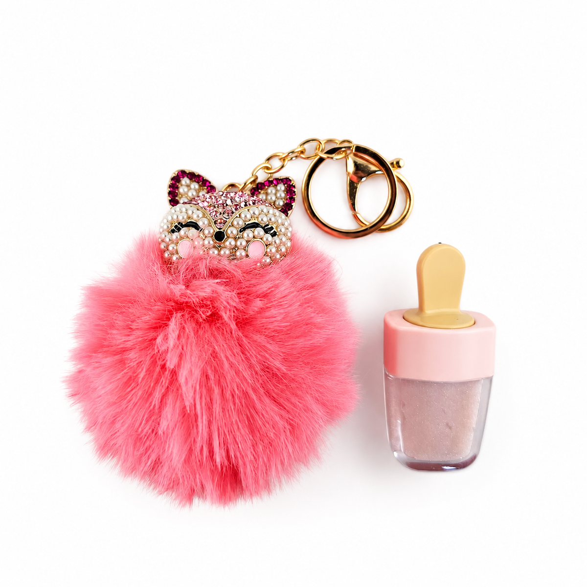 Pretty in Pink Lip Gloss & Fox Keychain